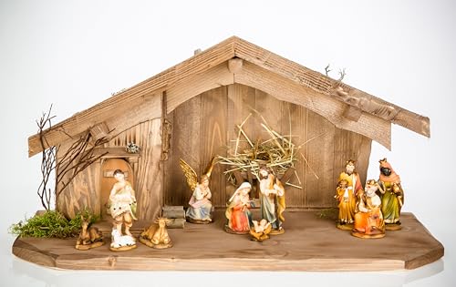 Holz und Gartentrends Crèche de Noël Étable de Crèche Étables de Noël Crèches de table Figurines de crèche (Crèche de Noël W08+Figurines)