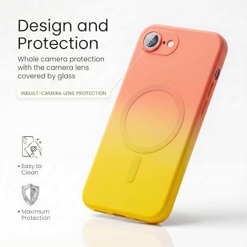 Image of amazon basics Gradient Mag-Safe Case for iPhone 16E | Soft Silicone Shockproof Cover with Camera Protection | Slim Lightweight Design | Smooth Touch & Durable - Orange & Yellow
