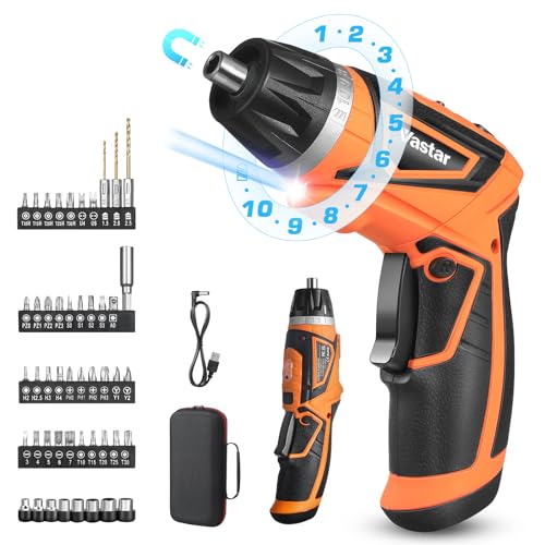 Vastar Destornillador Electrico, Taladro Atornillador Batería de 4,2 V, 52 Piezas con Funda De transporte, 10+1 Ajustes de par, Empuñadura de Doble Posición, Indicador de Batería, Luces LED