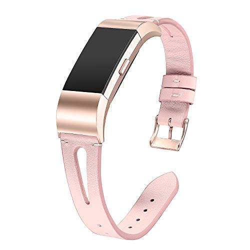 bayite Leather Bands Compatible with Fitbit Charge 2, Replacement Genuine Wristband Straps Women, Pink with Rose Gold Connector Small