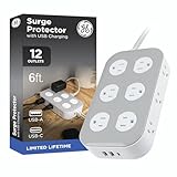 GE 12-Outlet Surge Protector with 6ft Braided Cord, Power Strip, Extension Cord, Flat Plug, 2 USB-A & 1 USB-C Port, 2100 Joules, for Home School & Office, Charging Station, White, 84214