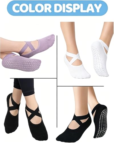 Image of AURUZA Pilates Grip Socks for Women Non Slip Skid Yoga Socks with Grips Straps for Ballet Dance Workout Gripper Sock