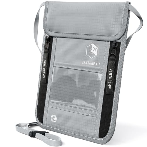 VENTURE 4TH Neck Wallet, RFID Blocking Passport Holder for Travel – Hidden Neck Pouch with 6 Compartments, Slim Lightweight Organizer with Adjustable Strap for Cash, Cards & Passport (Silver)