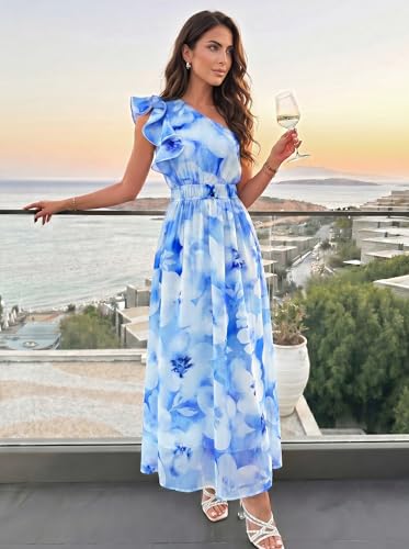 Image of ZESICA Women's 2026 Summer Floral Sleeveless Maxi Dress | One Shoulder, Sleeveless, Ruffle, High Waist, Beach Wedding Guest, Vacation, Graduation, Bridal Shower, Boho Long Dresses