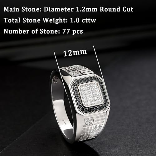 Mens Wedding Band Pave 5A Black and White Cubic Zirconia 925 Sterling Silver Round Cut 14K White Gold Plated Promise Ring For Him Size 7-142