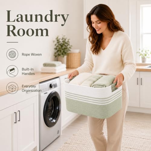 Image of 25.4GAL Collapsible Cotton Rope Extra Large Storage Basket For Bedroom Closet, Boho Rectangular Short Hamper Woven Storage Baskets for Living Room Throw Pillows Blankets Dirty Clothes, White Green