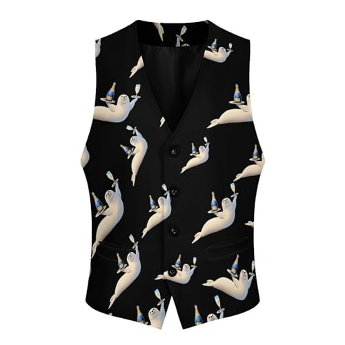 Cute Seal And Champagne Novelty Men's Suit Vest Funny Formal Dress Vests Business Waistcoat3