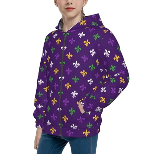 Purple Mardi Gras Kid Hoodies Boys Zip Up Sweatshirts Girls Pullover with Pocket