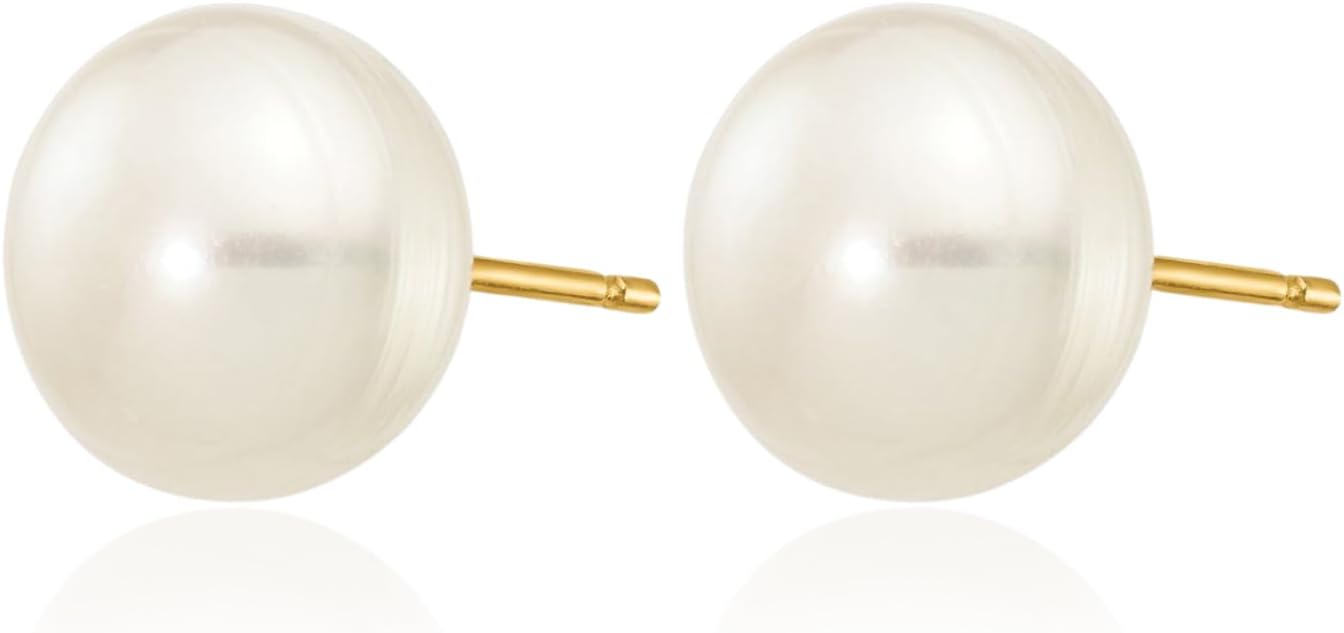 IceCarats 14K Solid Yellow Gold 8mm Freshwater Pearl Large Stud Earrings Prong Set, Friction Back For Her