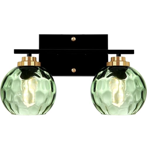 Image of Mid Century Wall Lamp 2-Light Green Glass Bathroom Vanity Light Fixture Shade Vintage Black Wall Sconce Light for Living Room Hallway Bedside (2-Light, Green)