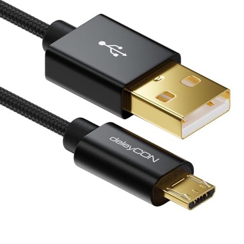 deleyCON Micro USB Kabel 2m mit Nylon + Metallstecker - Ladekabel, Datenkabel, Schnellladekabel für Smartphone, Tablet, PC, Laptop, Notebook - Schwarz