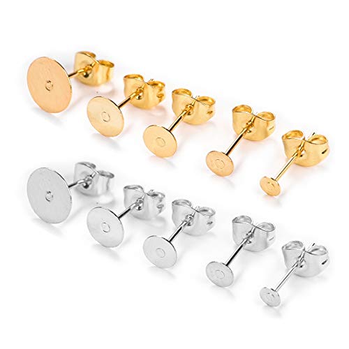 OBSEDE 200 Pieces Stainless Steel Earrings Posts Flat Pad (5 Size) with 200 Pieces Earring Plugs Backs for Earring Making Findings, Total 100 Pairs, Golden and Silver Color