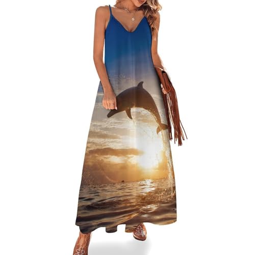 Robe Longue Dauphin au Coucher du Soleil Robe Légère Fluide sans Manches contre la Chaleur