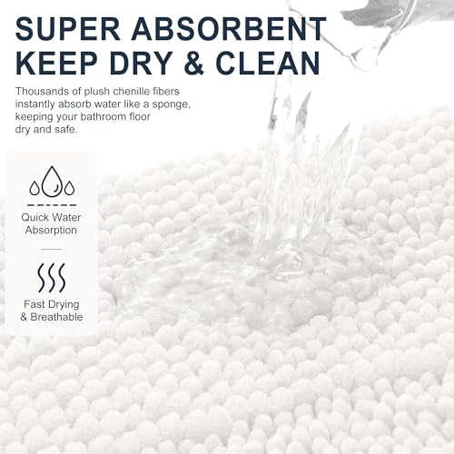 Image of Smiry Thick Chenille Bathroom Rugs 34x21, Extra Soft Absorbent Striped Bath Mat, Machine Washable, Rubber Backing, Bath Rugs for Bathroom, Tub & Shower, Modern Home Decor Accessories, Ivory