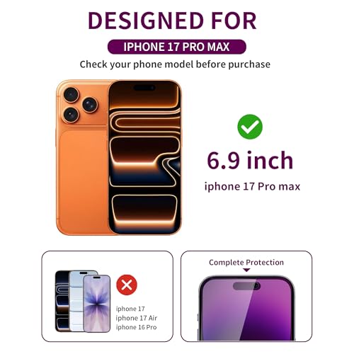 Image of 2 Pack Privacy Screen Protector for iPhone 17 Pro Max Tempered Glass 6.9'' Private Saver Anti-Spy Eye Protection Anti-Scratch Full Coverage No Bubble