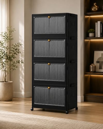 Image of 4 Tier Foldable Storage Box with Wheels, Stackable Plastic Storage Organizer with Lid & Front Door, Collapsible Storage Bins for Clothes, Toys, Office & Home Organization (Black 4 TIRE)