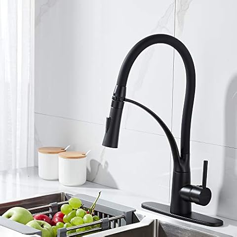RODDEX Kitchen Faucets with Pull Down Sprayer, Solid Brass Kitchen Sink Faucet Industrial Single Handle Gooseneck 1 Hole Or 3 Hole Faucet for Farmhouse Camper Rv Wet Bar Sinks, Matte Black Cover