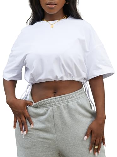 LovelyWholesale Graphic Tees for Women Drawstring Crop Tops Summer Short Sleeve T Shirts