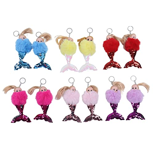 Porte-clés pompons multicolores 17 cm : lot de 12 pour décoration sac à main