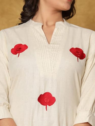 Image of INDO ERA Women's's Pure Cotton Embroidered Kurta Women | Floral Neck & Hem Embroidery | Cotton Kurta Women |