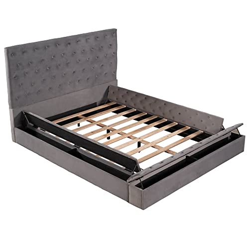 Softsea Queen Tufted Bed Frame With High Headboard, Velvet Upholstered Platform Bed Frame With Ottoman On Both Sides And Footboard, Gray #TOP3