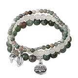 Armband Mädchen, 3Er Set Natürlicher Indischer Achat Reiki Chakras Kristall Stein Perlen Armband Für Damen Elastisches Seil Hängendes Blatt Lotus Armreif Schmuck Geschenke Für Dame Mädchen Mu