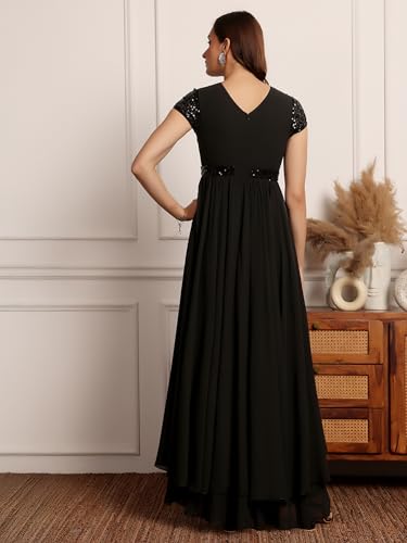 Image of Miss Chase Women's Round Neck Sleeve Embellished Fit Flare Maxi Dress