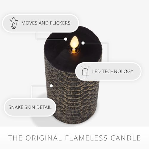 Image of Luminara Snake Pattern Flameless LED Candle, Black & Gold 3 inch x 6.5 inch, Moving Flame Pillar, Battery Operated Timer Real Wax Halloween Gothic Home Decor