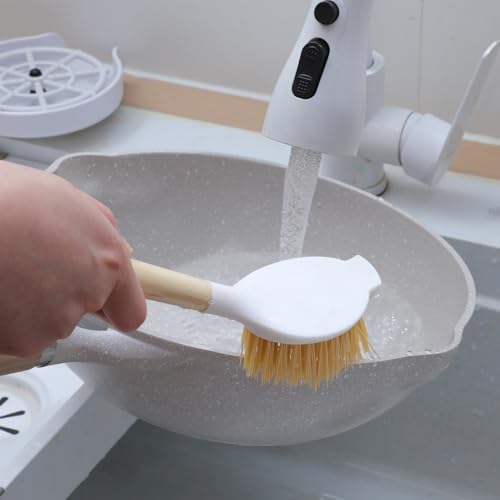 Image of Patelai 20 Pack Kitchen Dish Brush with Wooden Handle Scrub Brush Built in Scraper 9.3'' Tough Bristles Medium Handle Dish Scrubber for Pans Kitchen Sink Cleaning Dishwashing