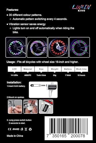 LuminKing Bicycle Spoke Light with Motion Sensor - Featuring 30 Color Patterns, Auto-Update Every 4 Seconds, 14 LED lights, Easy Wheel Spoke Mount, Waterproof, Batteries Included - Image 5