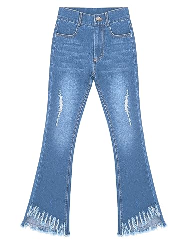 Aislor Kids Girls Ripped Tassel Bell Bottom Jeans Wide Leg Distressed Denim Pants Flare Denim Trousers with Pockets3