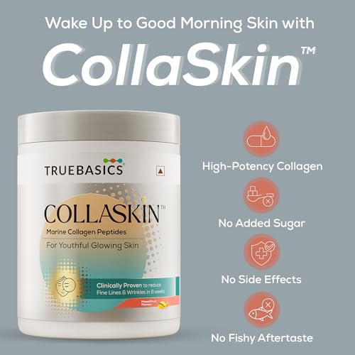 Image of TrueBasics CollaSkin, Marine Collagen Peptides (Mixed Fruit, 200g) | With Vitamin C, E & Hyaluronic Acid | For Youthful Glowing Skin, Healthy Hair & Nails