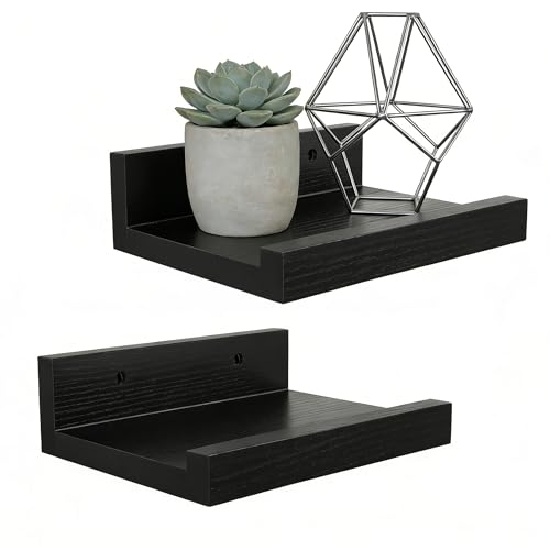 Z metnal Small Floating Shelves, Natural Wooden Display Wall Shelf for Picture Ledge, Nursery Floating Shelves, Black, Wall Mounted, 8 x 5.5 inch, 2 Pcs