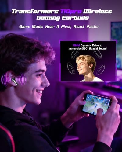 Transformers Official Bumblebee Wireless Gaming Earbuds, Bluetooth 6.0 Headphones, Open Mech Case with LED Lights, 24H Battery, IPX3 Waterproof, in-Ear Headphones for iPhone Android - Black — view 2
