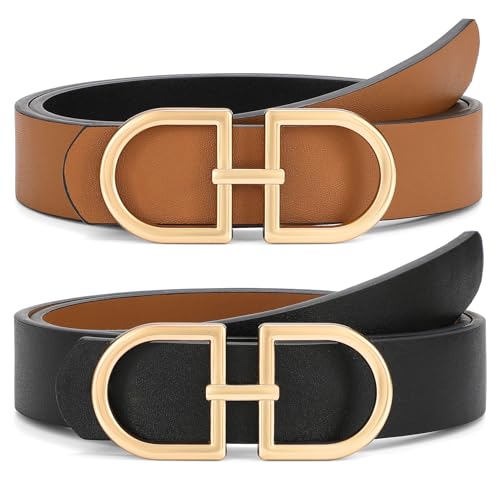 IAKING Reversible Leather Belt for Women With Gold Buckle Ladies Two-in-One Leather Womens Belt for Jeans Pants Dresses