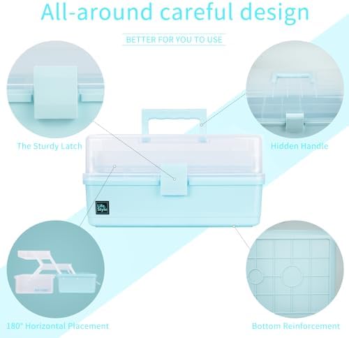 Creahaus 34cm Art Craft Organizer Storage Box with 3 Layers, Multifunctional Plastic Tool Box with Handle for Sewing, Makeup, Medicine, Nail, Hair Accessories for Kids (Blue) - 3
