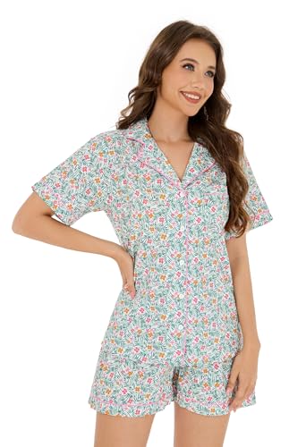 Image of LUBOT 100% Cotton Pajamas for Women 2 Piece PJ Set Poplin Woven Lightweight Ladies Button Short Sleeve Sleepwear S-XXL