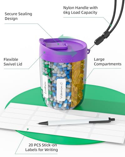 Image of PULIV Large Supplement Organizer Bottle, Holds Plenty of 6 Various Vitamins in 1 Pill Dispenser with Anti-Mixing & Wide Openings Design, Easy to Retrieve Meds, Includes 20 Pcs Labels Dark Purple