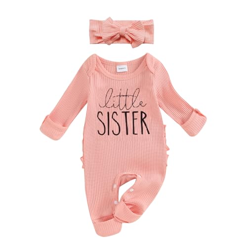 Image of FIOMVA Im New Here Newborn Outfit Girl Long Sleeve Letter Romper Ribbed Knit Jumpsuit Baby Girl Preemie Coming Home Outfit