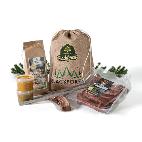 Grill Geschenkset 7-teilig im Jutesäckchen – Schwarzwald Spezialitäten mit Grillzange, Speck, Bauernwürsten, Dips & Brotbackmischung – Geschenk für Männer & Grillfan