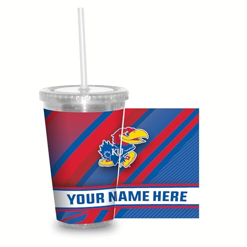 Rico Industries NCAA Kansas Jayhawks 16oz Personalized Tumbler W/Straw - Team Colored Travel Tumbler - Keeps Drinks Cold or Hot- Reusable Straw Included