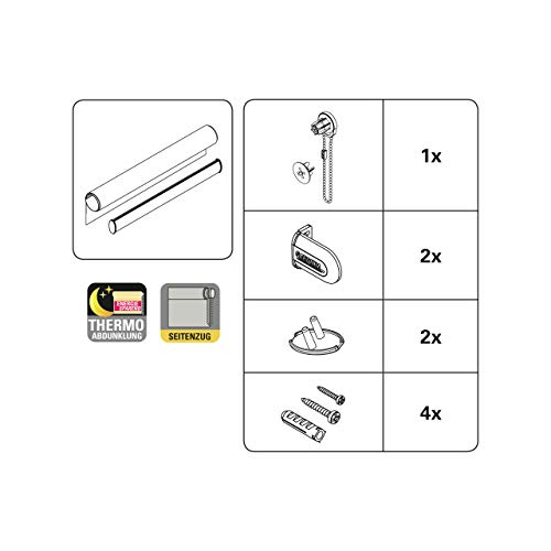 Gardinia Seitenzug-Rollo mit Thermo-Rückseite, Decken-, Wand- oder Nischenmontage, Höchste Lichtreflektion, Energiesparend, Alle Montage-Teile inklusive, Streifen weiß, 92 x 180 cm (BxH), 6495092180