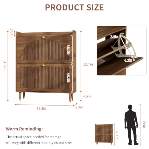 Image of Shoe Storage Cabinet with 2 Flip Drawers, Shoe Organizer Storage with Adjustable Shelves, Freestanding Hidden Slim Narrow Shoe Rack Cabinet for Entryway, Foyer, Hallway, Living Room (Walnut)