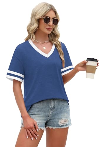 Image of WIHOLL Womens T Shirts Loose Fit Short Sleeve Tees V Neck Color Block Summer Tops 2026 Fashion S-4XL