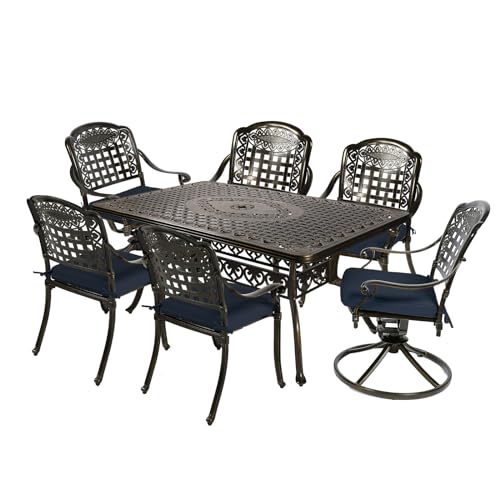 Image of MEETWARM 7-Piece Outdoor Patio Dining Set, All-Weather Cast Aluminum Patio Conversation Set with 4 Stationary, 2 Swivel Rocker Chairs, 1 Rectangular Table, 6 Cushions, 2 inch Umbrella Hole, Navy Blue