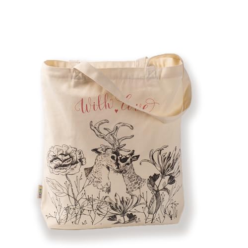 shnmorun Canvas Tote Bag with Zipper Pockets Vintage Flowers Cute Natural Life Gifts Grocery Bags, Reusable Bag for Mom Grandma Teacher(Love Deer)