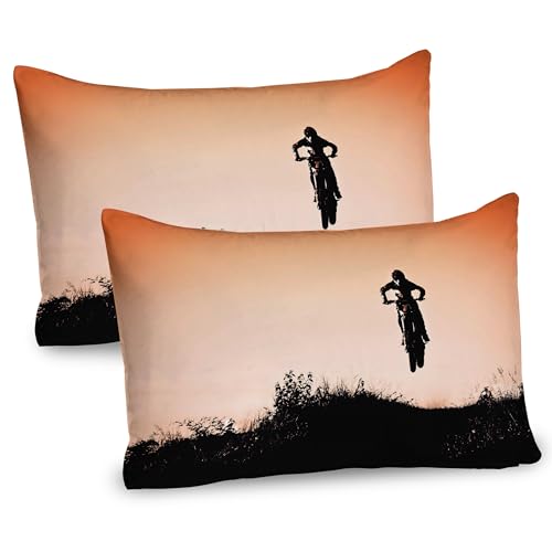 Ambesonne Sports Pillow Sham Set of 2, Silhouette of Motorcycle Over The Hills Horizon Artwork Orangish Sunset, Quality Microfiber Bedding Item for All Seasons, 36