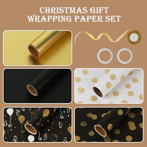 5 Rollen Geschenkpapier Set, 43 x 300 cm Geschenkpapierpapierrolle mit Band und Doppelseitigem Klebeband, Geschenkpapier Gold Rolle für Weihnachten, Hochzeit, Geburtstag, Graduation Ceremony