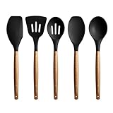 Miusco Kitchen Utensils Set Silicone Cooking Utensils with Natural Acacia Hard Wood Handle, Black