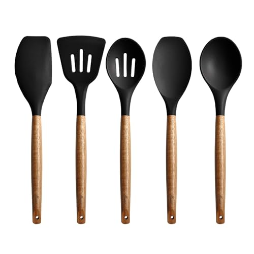 Kitchen Utensils Set, Silicone Cooking Utensils Set,Non-Stick Silicone Spatula Set with Natural Acacia Hard Wood Handle, 5 Piece, Upgraded Thickened Cookware